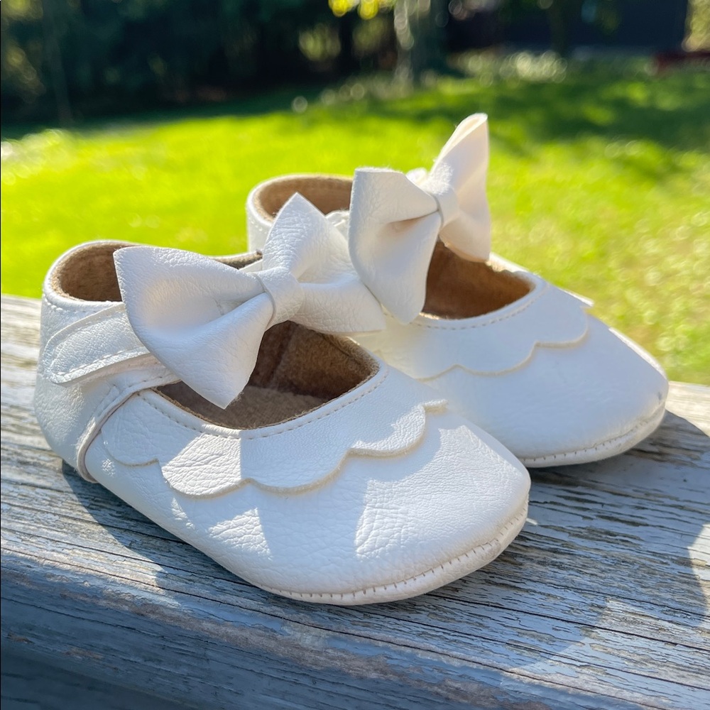 White Baby Buckle Shoes with Bow Faux Leather